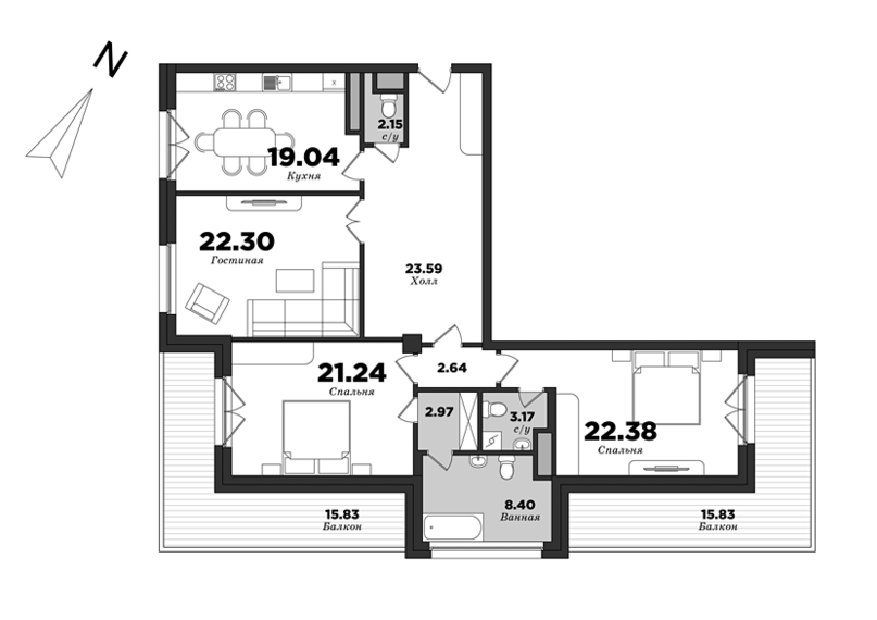 Krestovskiy De Luxe, Building 8, 3 bedrooms, 144.34 m² | planning of elite apartments in St. Petersburg | М16